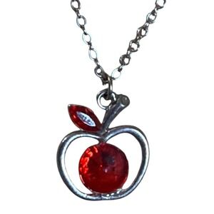 Silver Tone Red Crystal Apple Pendant Necklace Teacher Gift Adjustable Chain